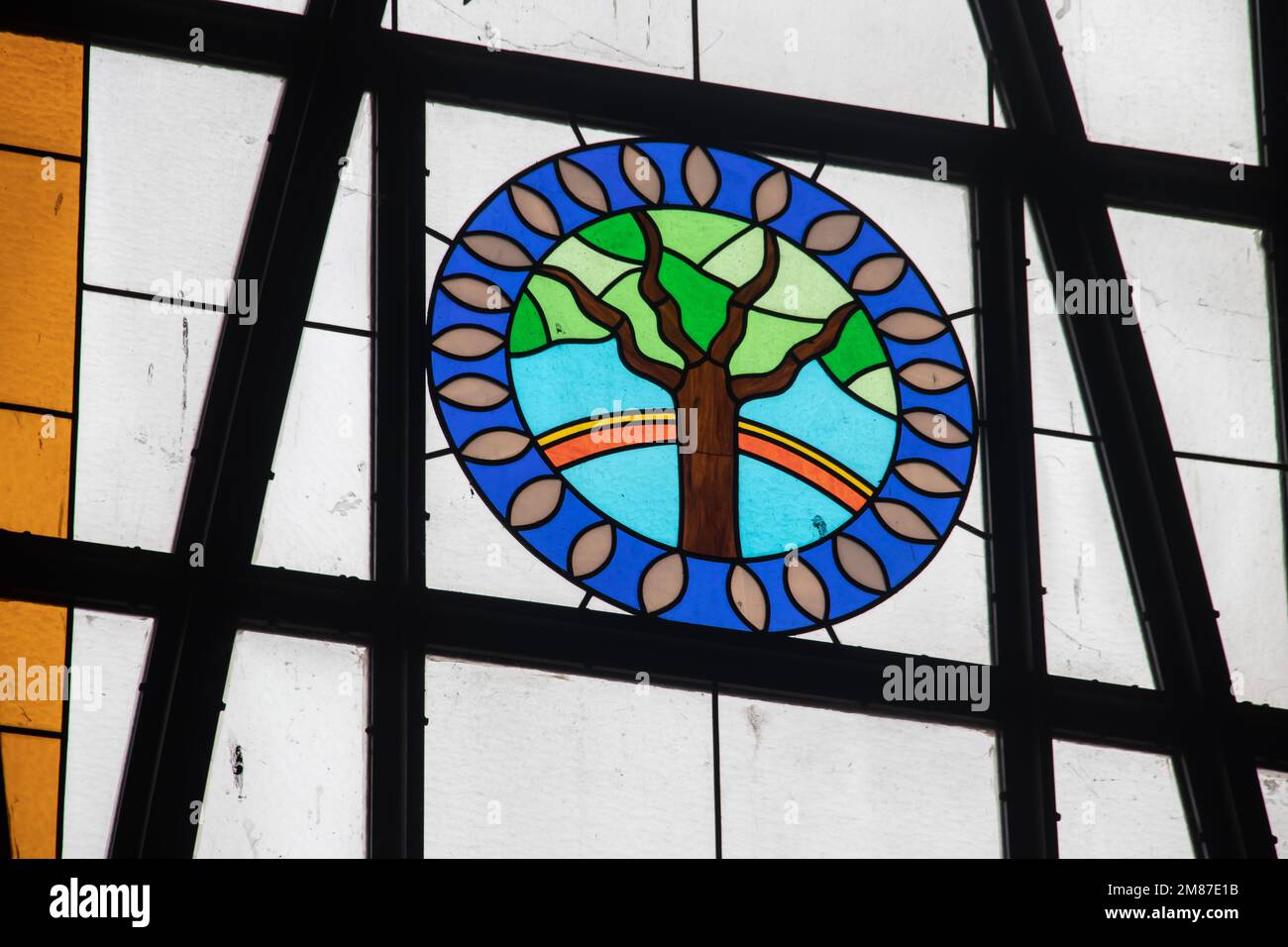 Interior with stained colorful glass window inside Catholics church in Abuja, church is known as The National Christian Centre Stock Photo