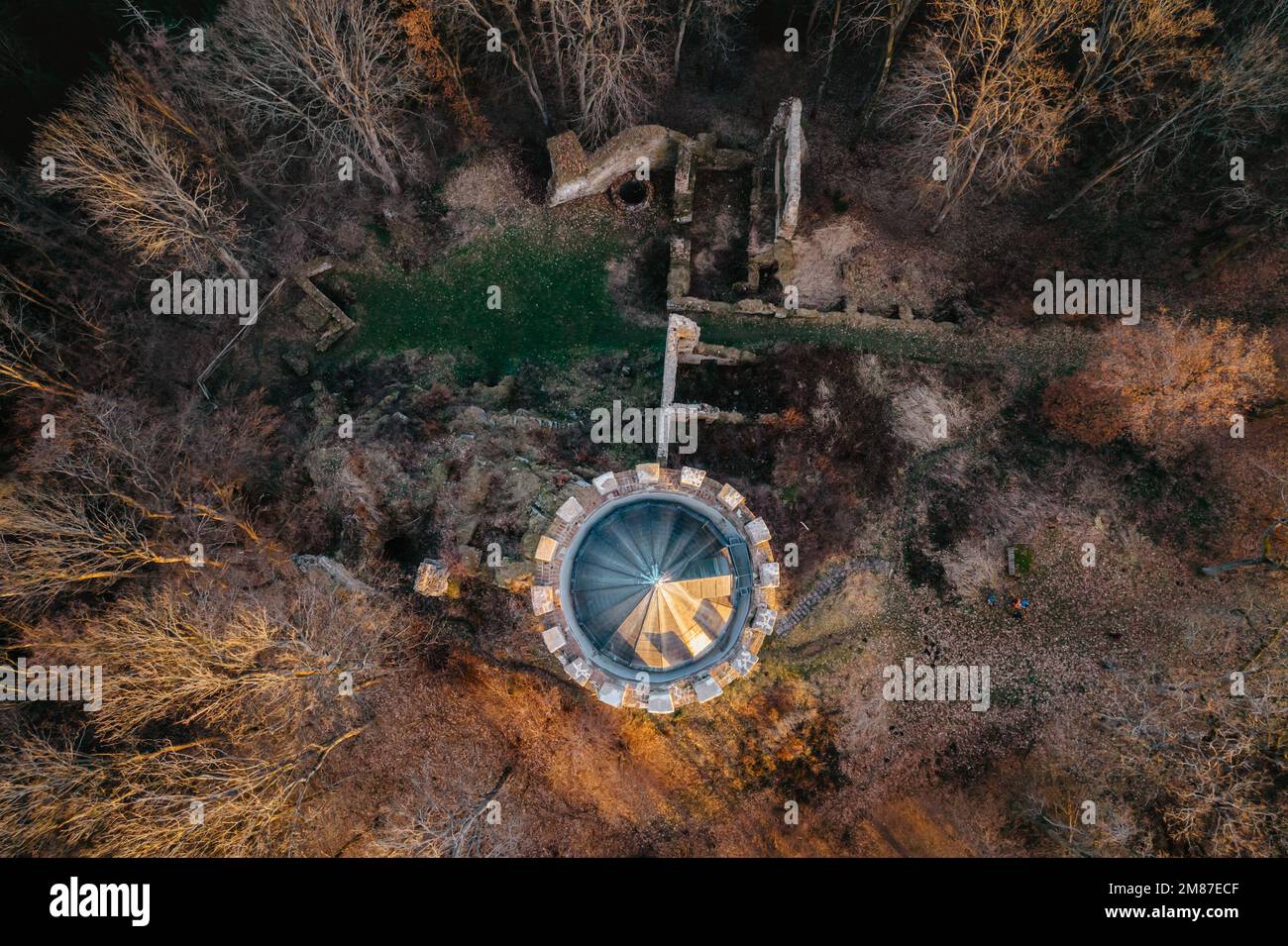 top down view of Gothic-Renaissance Selmberk castle ruin near the village of Mlada Vozice,Czech republic.It stands on rock,Lookout tower Stock Photo