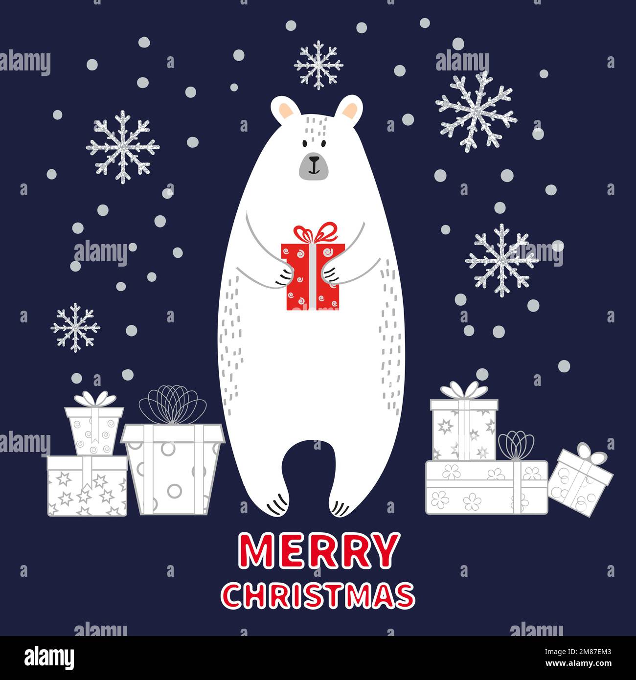Merry Christmas card with cute cartoon polar bear and gifts. Vector ...