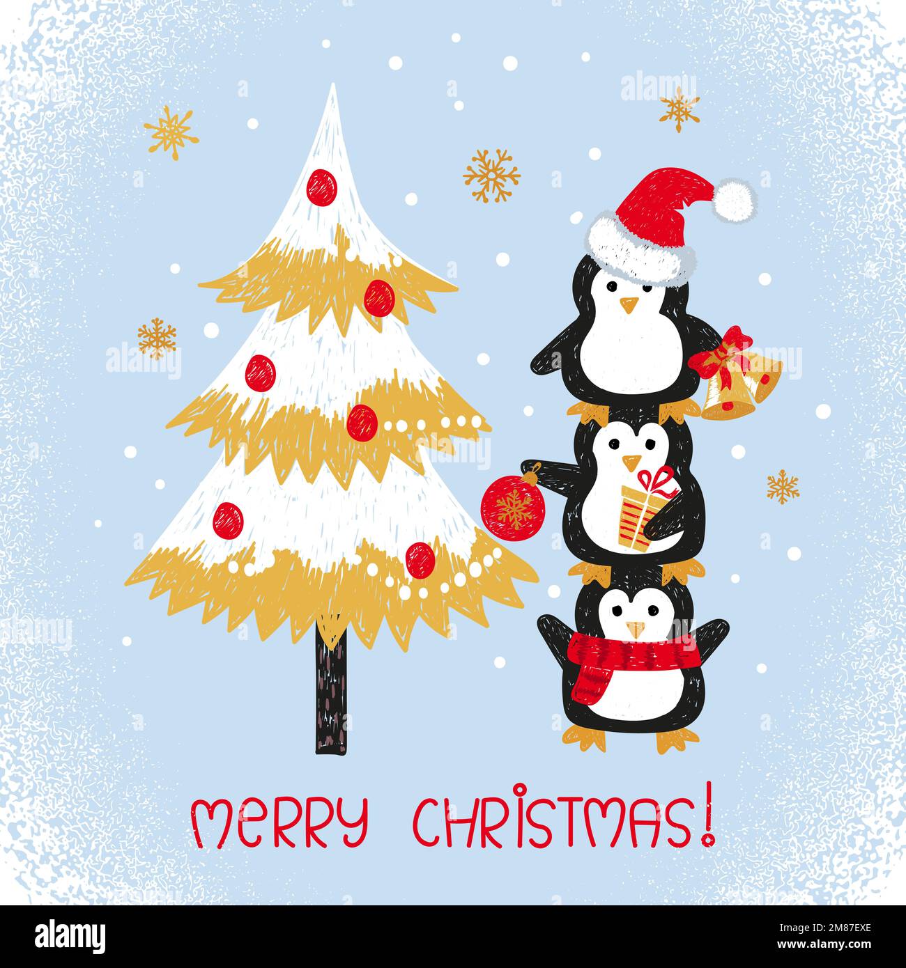 Merry Christmas card design with cute doodle penguins and fir tree