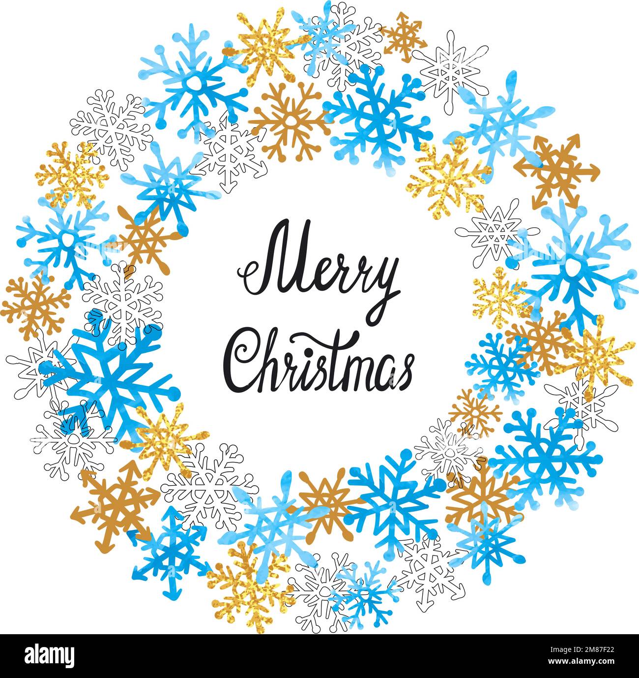 Christmas watercolor blue and golden snowflakes round frame for your ...