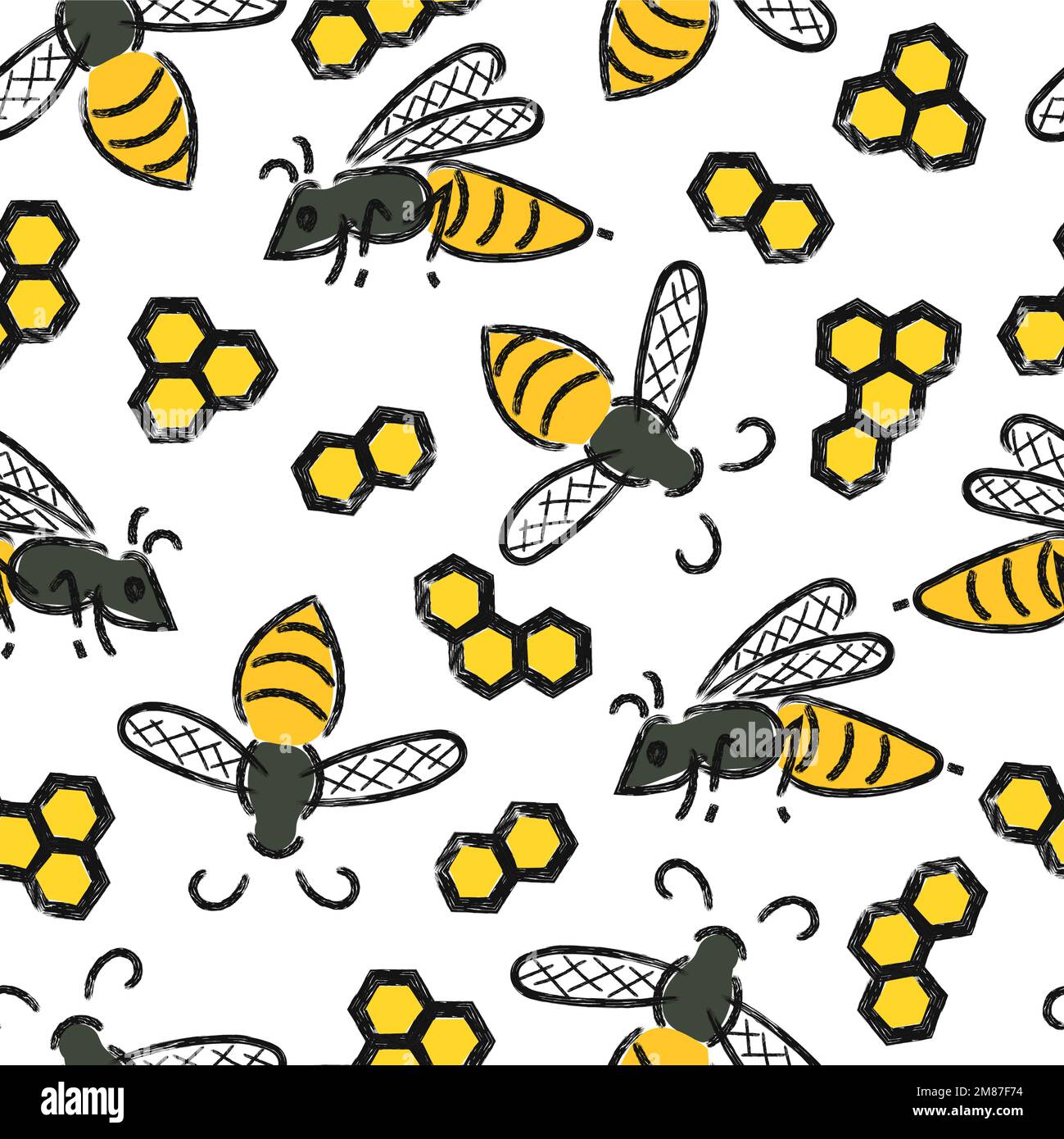 Seamless pattern with bees and honeycombs. Vector honey background. Stock Vector