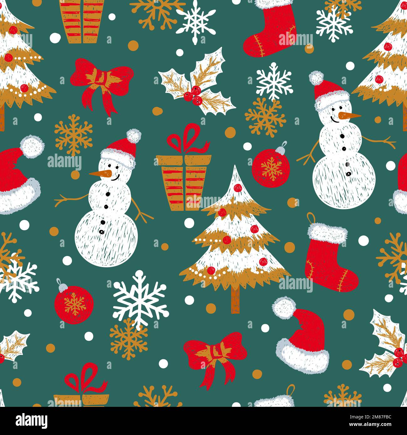Christmas and New Year seamless pattern with doodle snowmen, fir trees ...