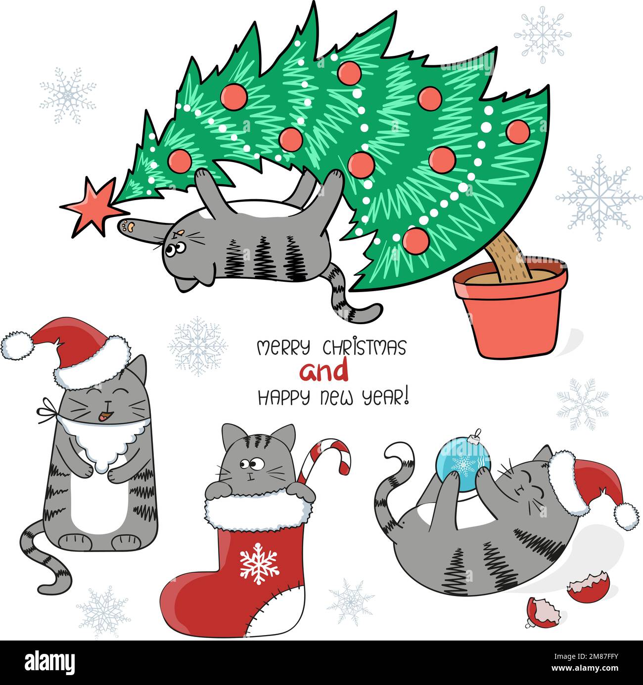 Christmas and New Year set. Cute cartoon cats with Santa hat, in ...
