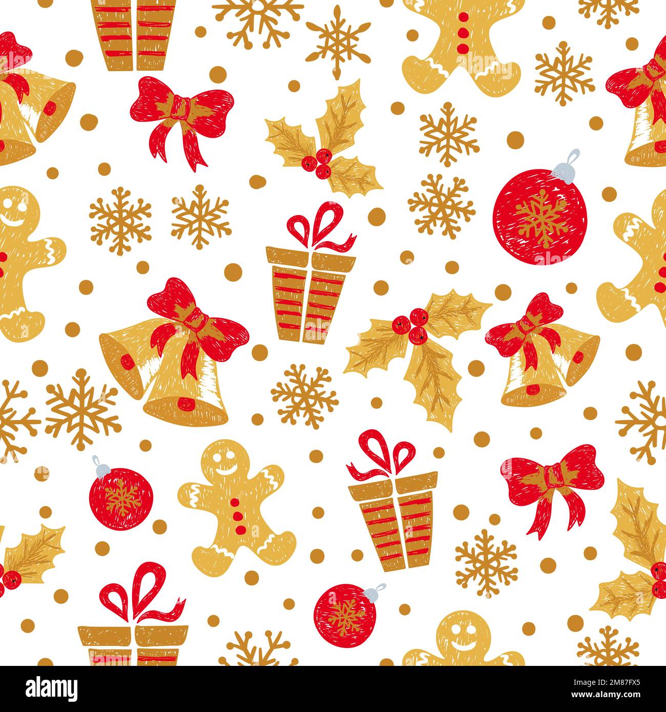 Christmas and New Year seamless pattern with doodle bells, balls ...