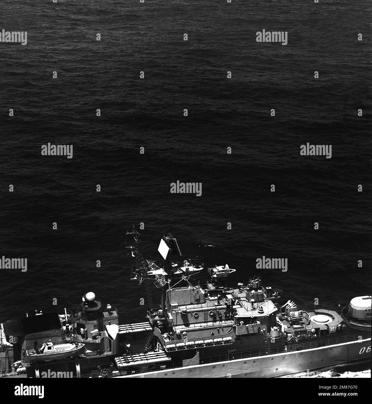 An aerial starboard amidships view of the antenna rigging and