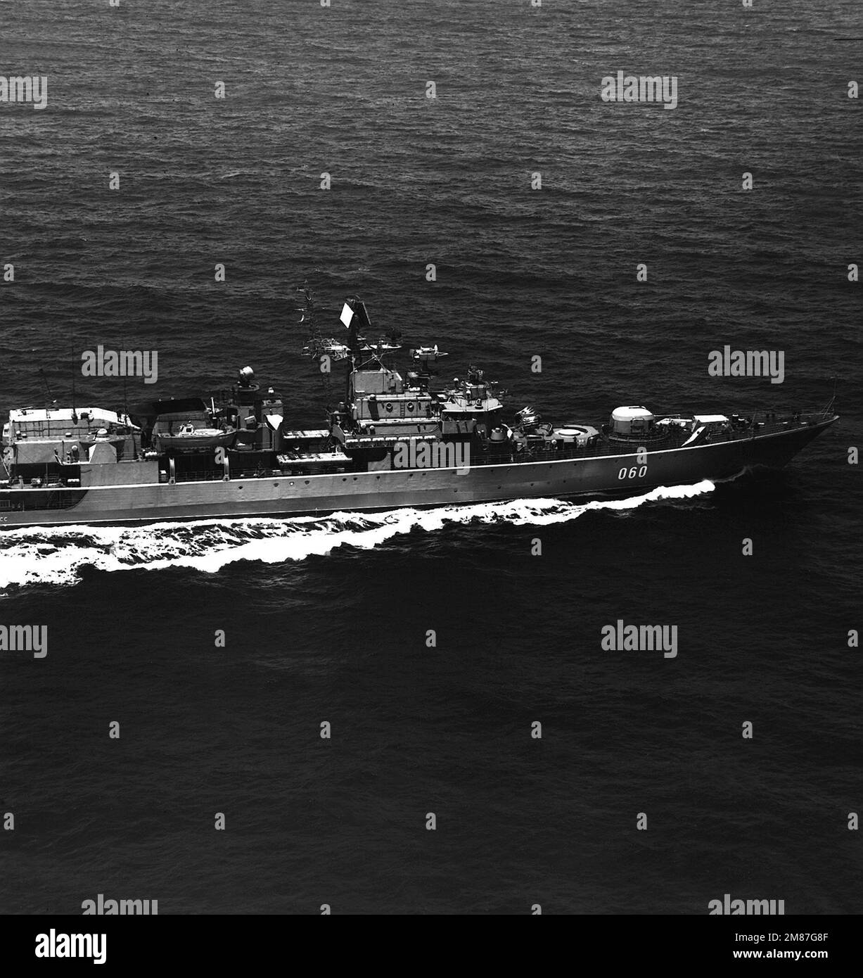 An aerial starboard view of the Soviet Krivak III class frigate IMENI