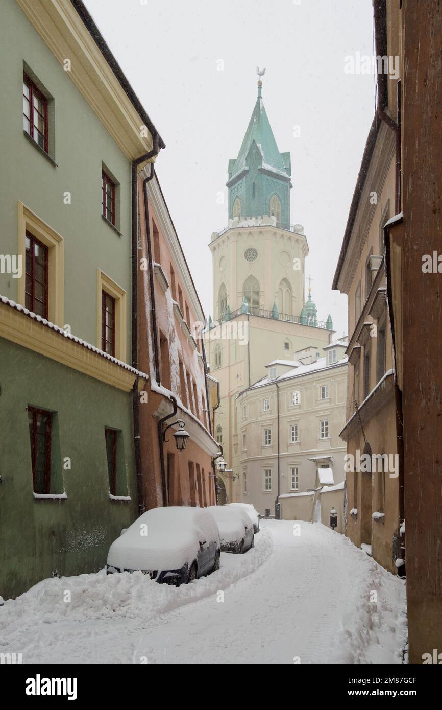 Attack of winter. City in fresh snow. Jezuicka Street in Lublin. Stock Photo