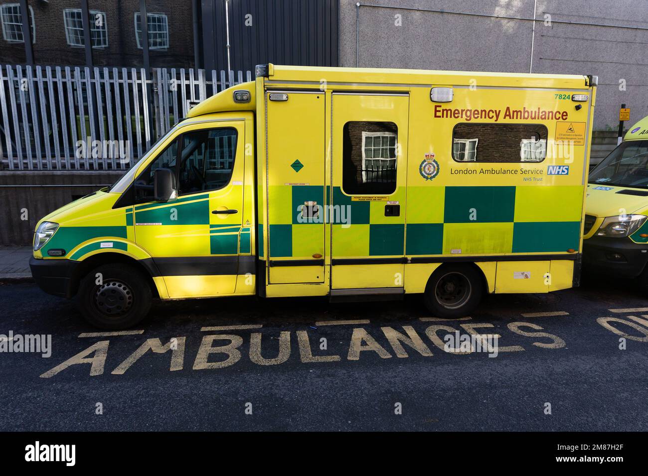 An ambulance belonging to the London Ambulance Service is parked outside  Waterloo Ambulance Station. Unison and GMB members of the LAS will walk out  for 12 hours from 11am on Wednesday in