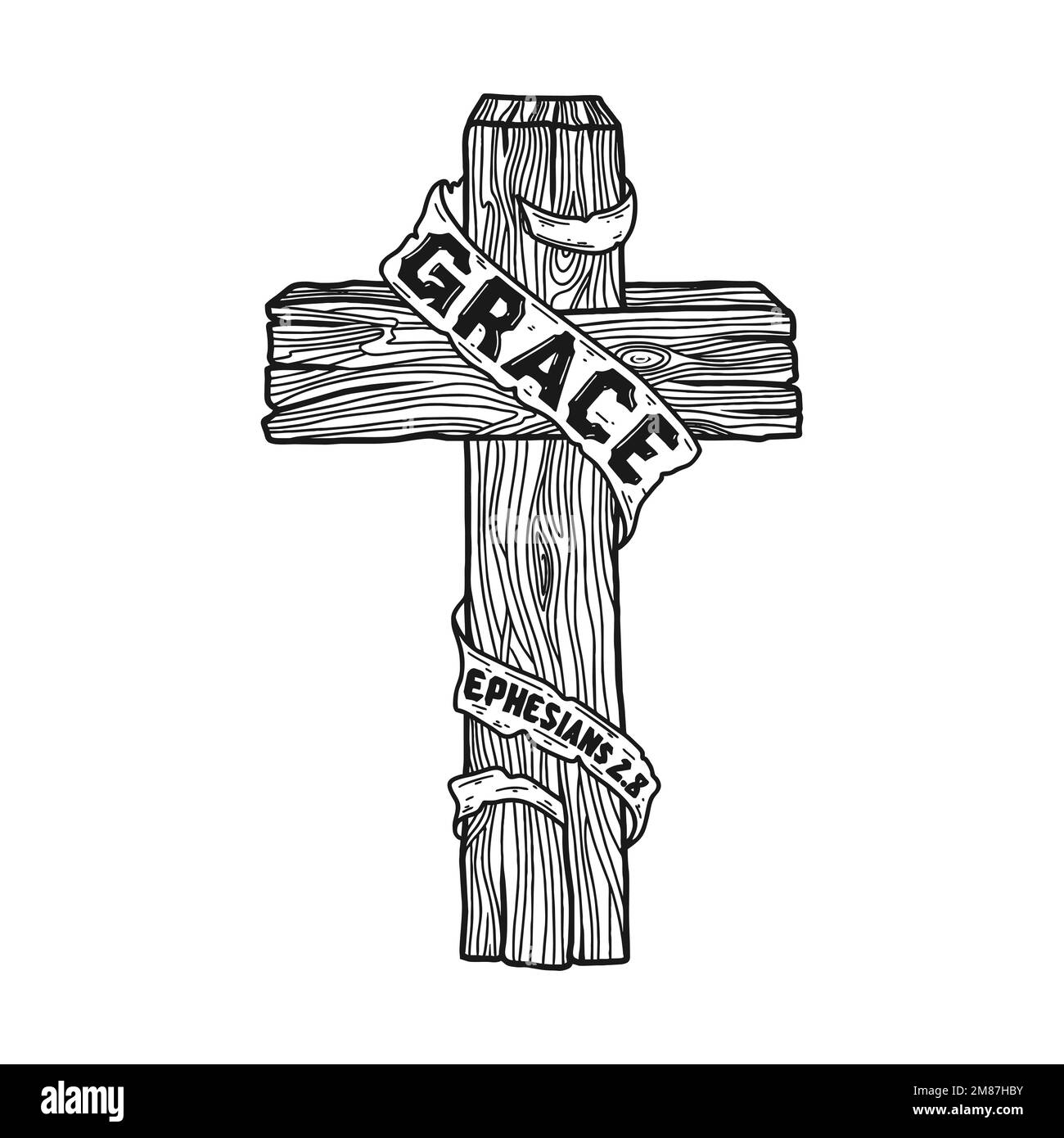 Hand-drawn Christian vector illustration. A wooden cross with the inscription 'Grace'. Stock Vector