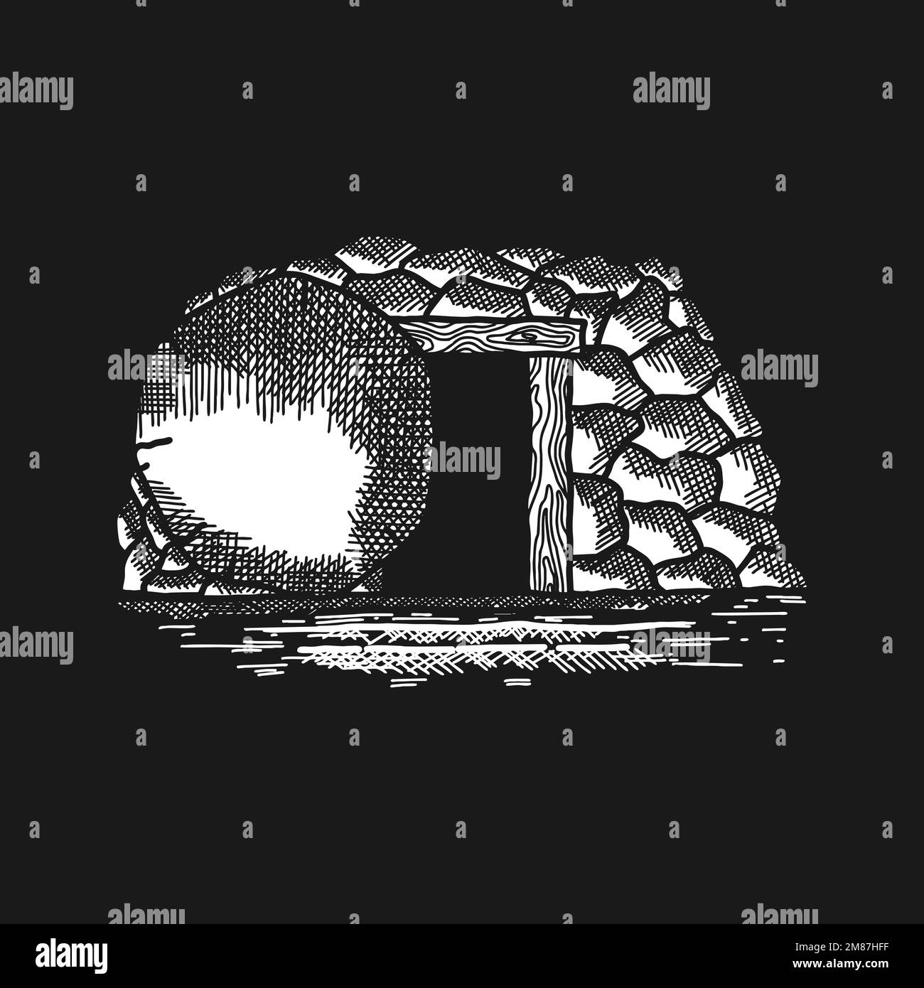 Handdrawn vector illustration for Easter. Empty tomb after the resurrection of Jesus Christ