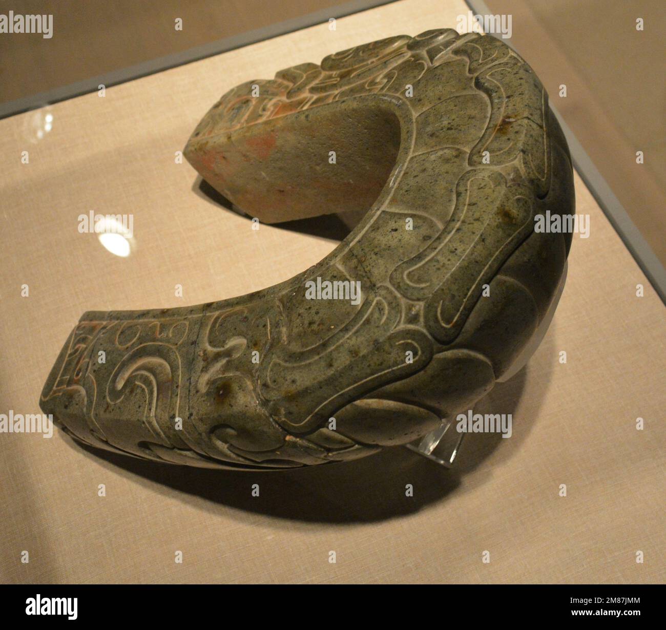 Yoke with images reptilian and skeleton Precolumbian art in the Dallas Museum of Art, Dallas Texas Stock Photo