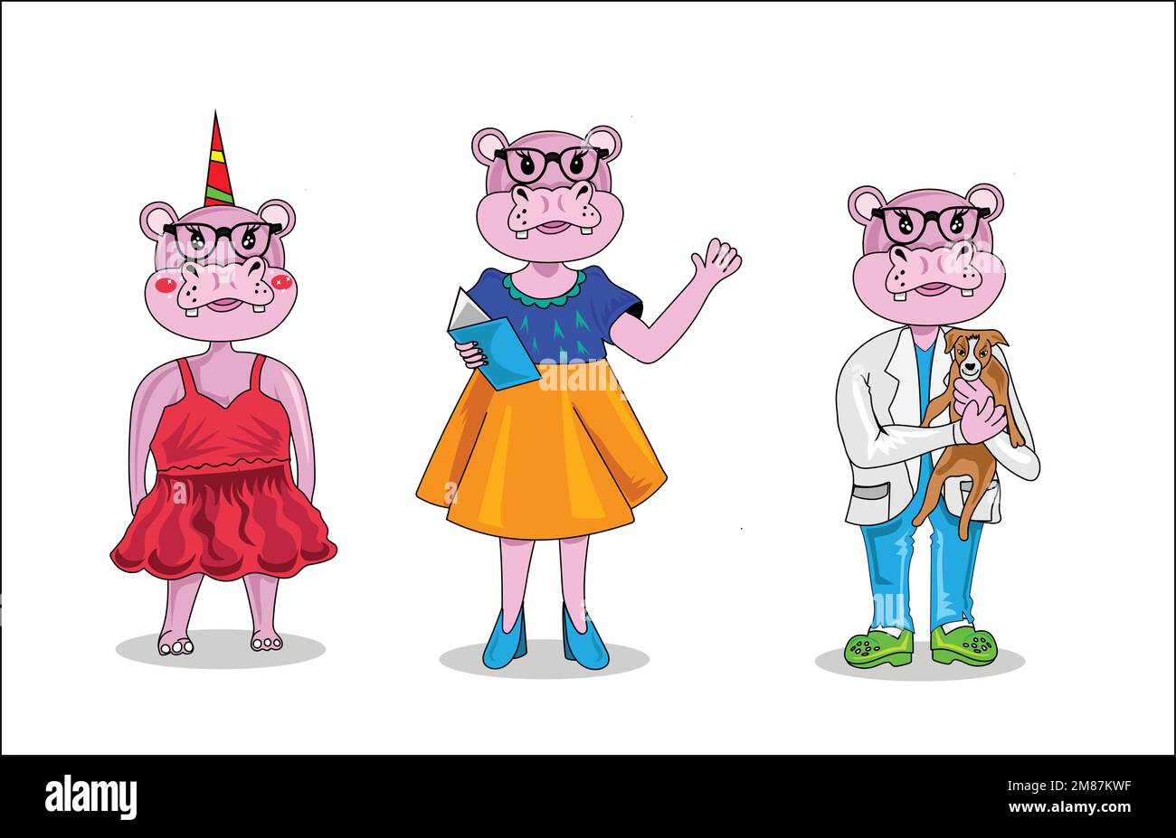 Hippopotamus mascots vector illustration on white background, doctor, teacher and girl Stock Vector