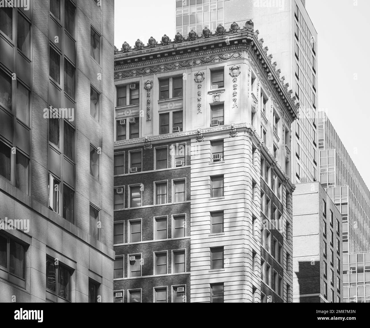 Black and white photo of Manhattan diverse architecture, New York City, USA. Stock Photo