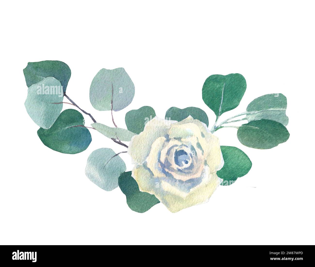 Funeral floral arrangement, white flowers rose and eucalyptus wreath, hand drawn watercolor
