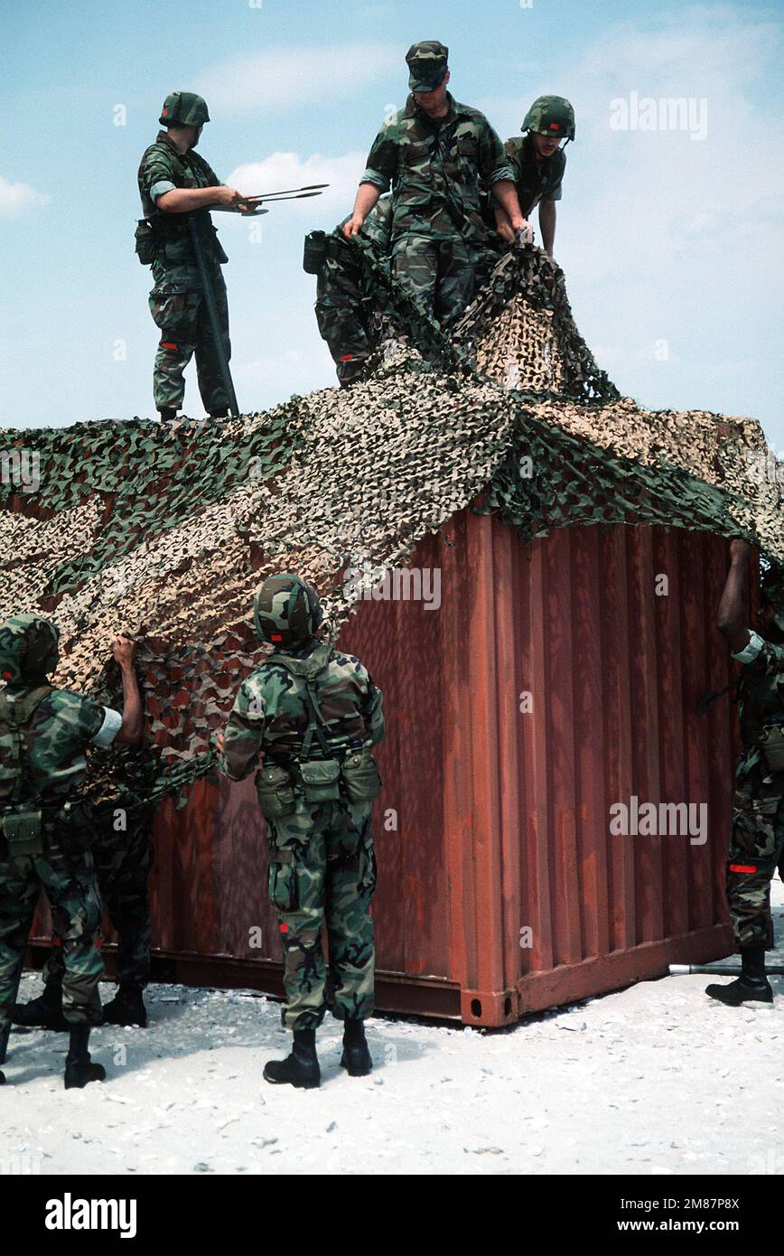 Marine reservists camouflage a CONEX box during a weekend training maneuver. Base: Morris Island State: South Carolina (SC) Country: United States Of America (USA) Stock Photo