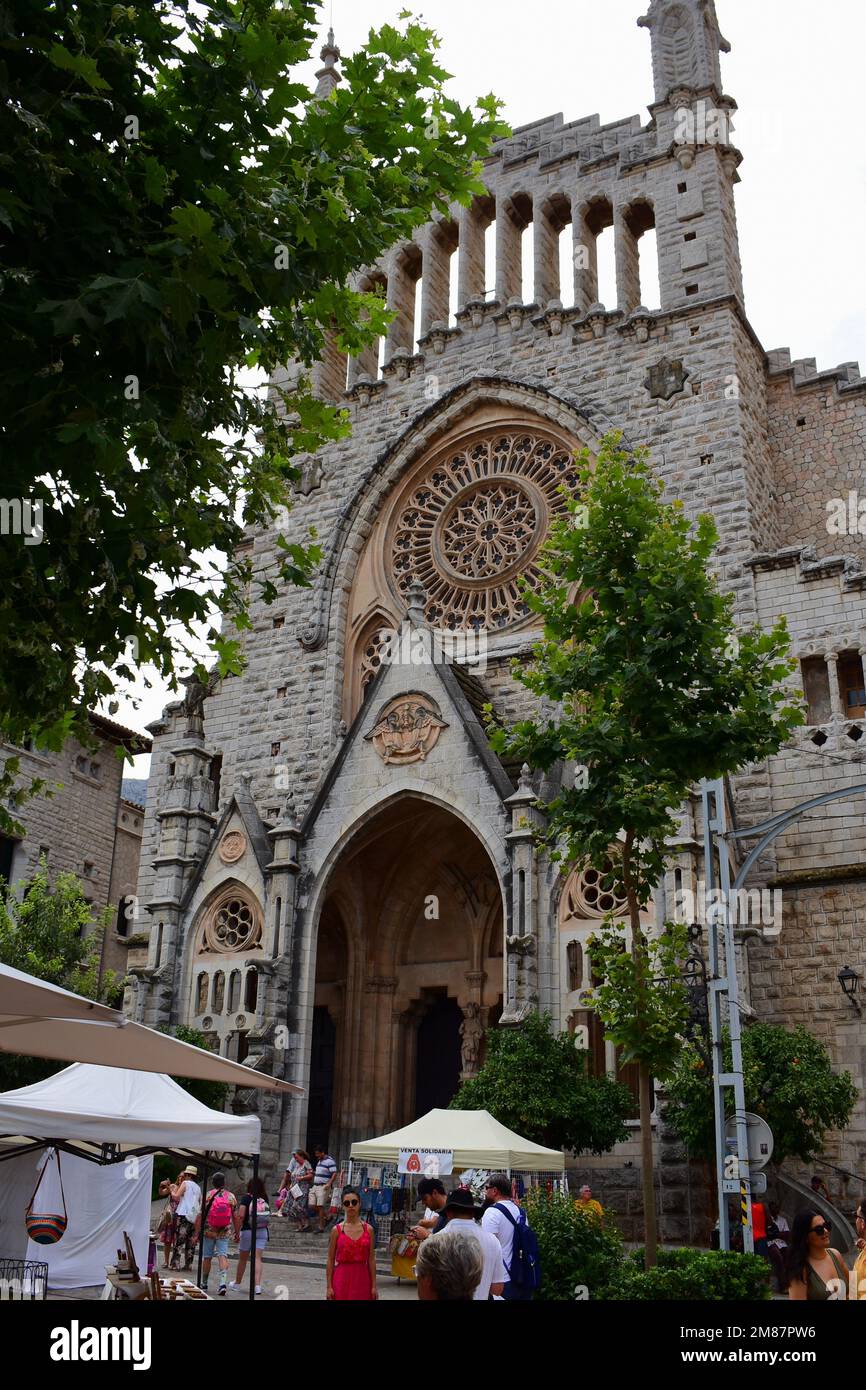 The stunning  cathedral of Saint Bartomeu is located in Plaça de sa Constitució, the main square of Sóller. Stock Photo