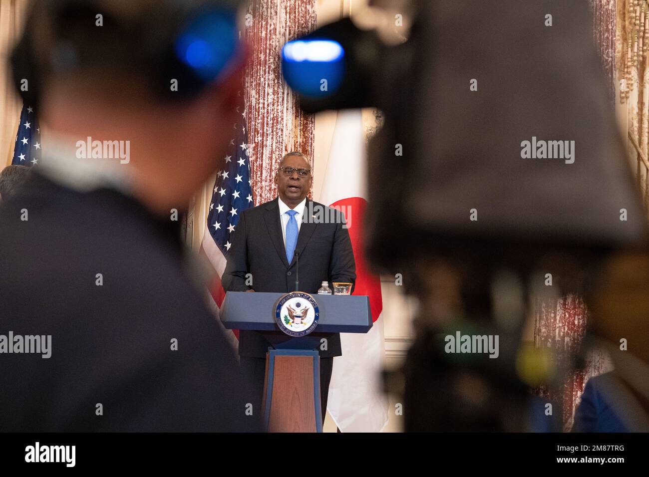 Washington, United States Of America. 11th Jan, 2023. Washington, United States of America. 11 January, 2023. U.S. Secretary of Defense Lloyd Austin, replies to a question during a joint press conference with Japanese and U.S officials at the Department of State, January 11, 2023 in Washington, DC Credit: Freddie Everett/US Secretary of State/Alamy Live News Stock Photo