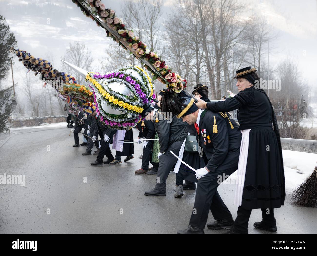 AUSTRIA, GASTEIN - January 1, 2023: Bows of the Perchts in a procession in the Austrian Gastein Valley Stock Photo