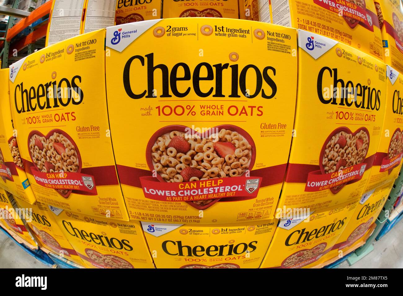 This is a display of General Mills Cheerios cereal at a Costco