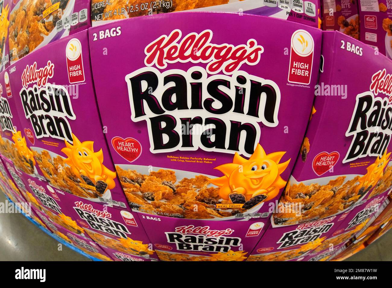 This is a display of Kellogg's Raisin Bran cereal at a Costco Warehouse