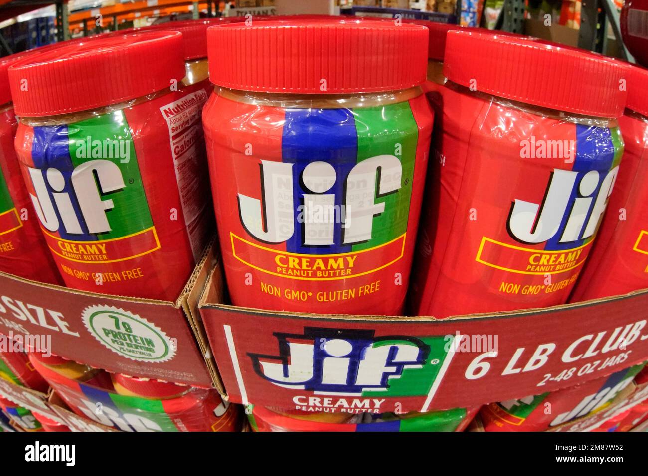 This is a display of JIF peanut butter at a Costco Warehouse in Cranberry, Pa., Thursday, Jan