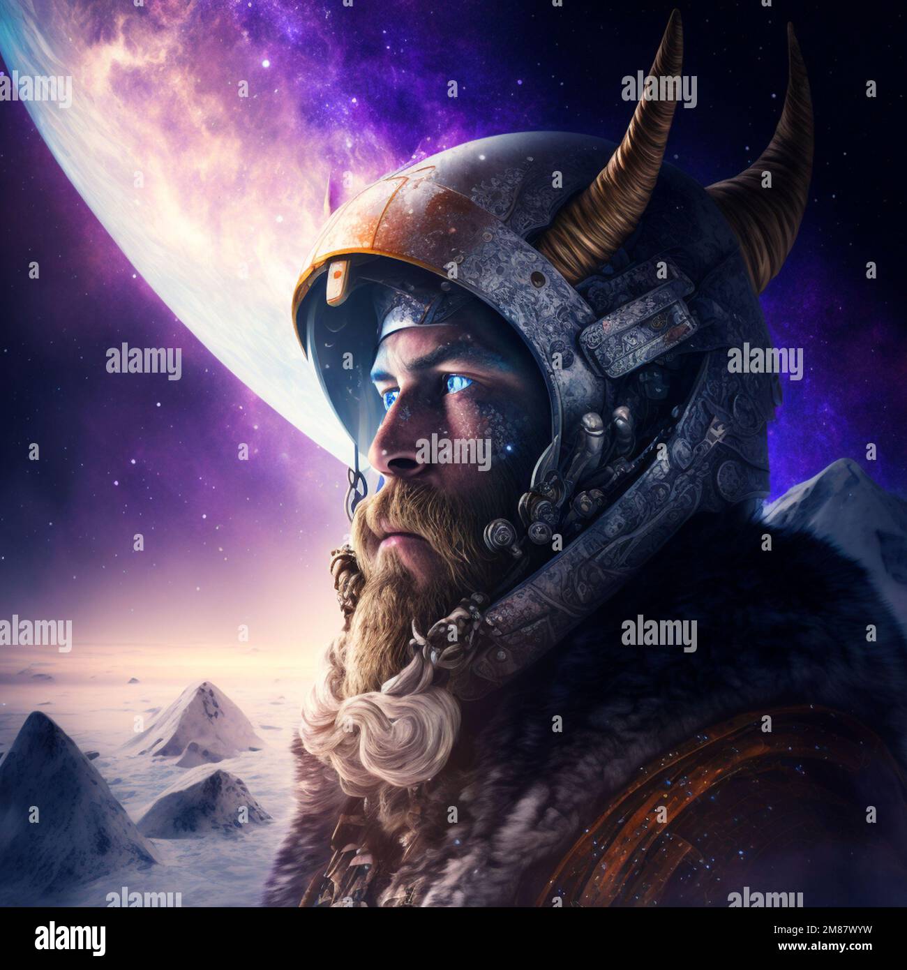 Viking astronaut, in wolf furs and a beautiful carved helmet with horns, a pioneer in space, explores new planets. Stock Photo