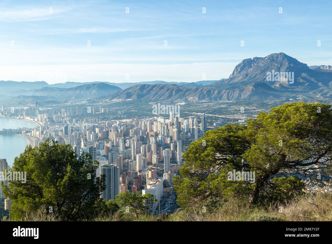 The city of Benidorm seen from Benidorm Cross with Puig Campana mountain in the background. Stock Photo