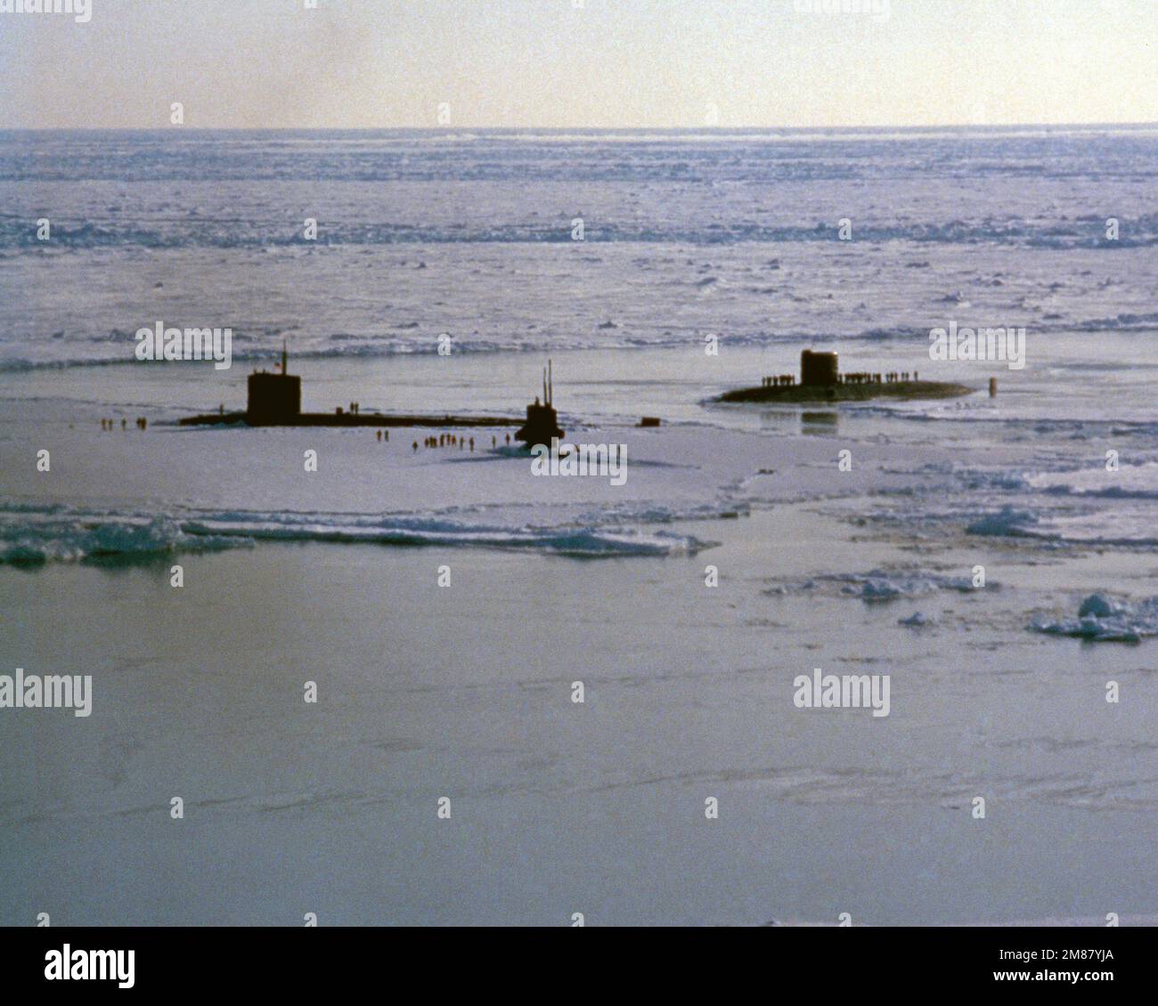 US and British sailors explore the Arctic ice cap while conducting the first US and British coordinated surfacing at the North Pole. The ships are from left to right: the nuclear-powered attack submarines, USS SEA DEVIL (SSN 664), USS BILLFISH (SSN 676), and the fleet submarine HMS SUPERB (S 109). (Substandard image). Country: Unknown Stock Photo