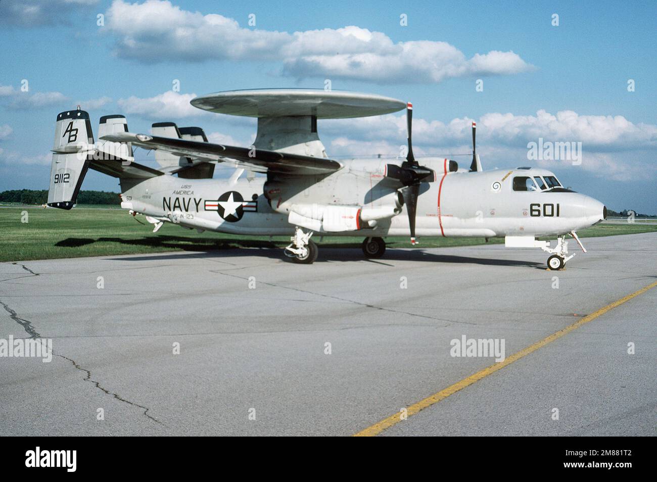 A right side view of an Airborne Early Warning Squadron 123 (VAW123) E