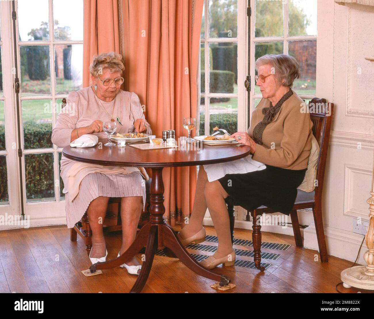 Elderley residents eating dinner in nursing home lounge, Surrey, England, United Kingdom Stock Photo