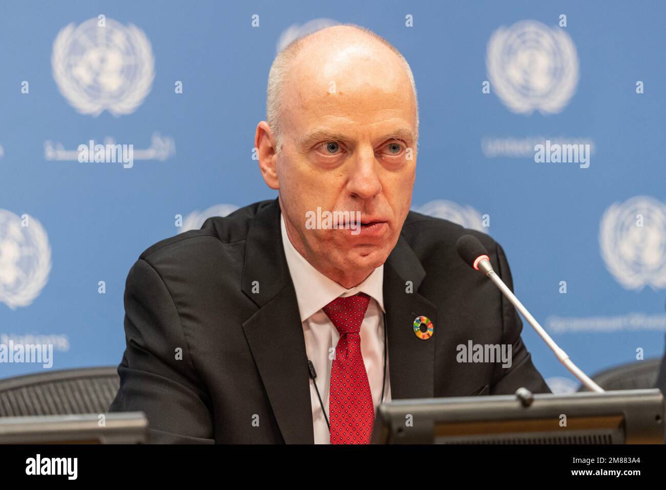 New York, USA. 12th Jan, 2023. John Wilmoth, Director of Population Division attends Press Briefing by the Spokesperson for the Secretary-General Stephane Dujarric at UN Headquarters in New York on January 12, 2023. Brieifng was attended by Mr. John Wilmoth Director of Population Division, UN DESA, Daniela Bas Director of Division for Inclusive Social Development UN DESA, Shantanu Mukherjee Director of Economic Analysis and Policy Division UN DESA. (Photo by Lev Radin/Sipa USA) Credit: Sipa USA/Alamy Live News Stock Photo