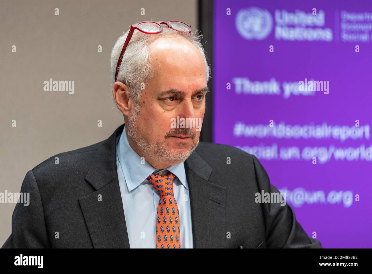 New York, USA. 12th Jan, 2023. Press Briefing by the Spokesperson for the Secretary-General Stephane Dujarric at UN Headquarters in New York on January 12, 2023. Brieifng was attended by Mr. John Wilmoth Director of Population Division, UN DESA, Daniela Bas Director of Division for Inclusive Social Development UN DESA, Shantanu Mukherjee Director of Economic Analysis and Policy Division UN DESA. (Photo by Lev Radin/Sipa USA) Credit: Sipa USA/Alamy Live News Stock Photo