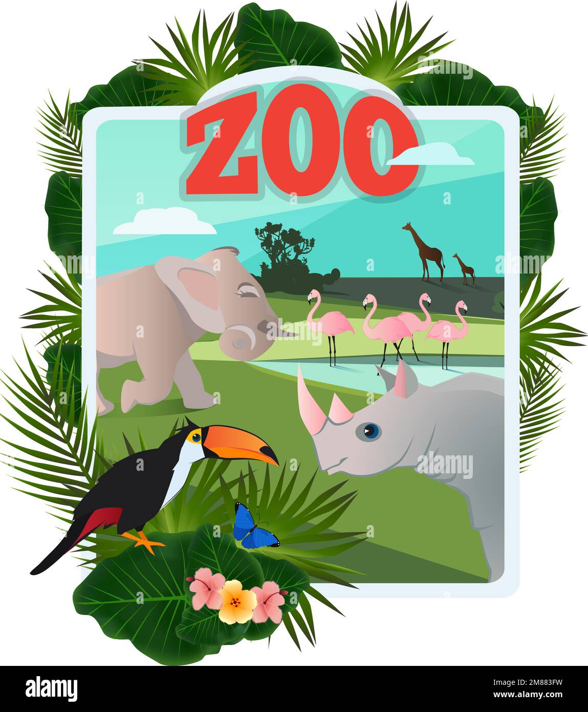 Zoo logo. Cartoon wild animals and birds emblem Stock Vector Image