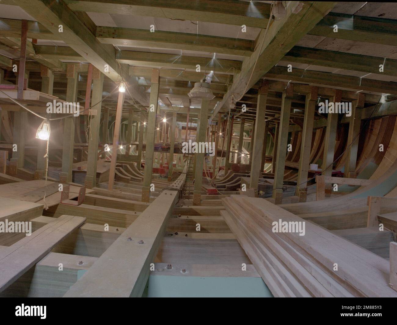 An interior view of the wooden framing at the bottom of the hull of the