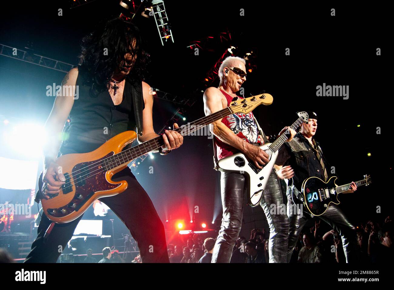 Live-photo of Paweł Mąciwoda, Rudolf Schenker and Klaus Meine of the German hard rock band Scorpions. 2011, Lisbon Stock Photo