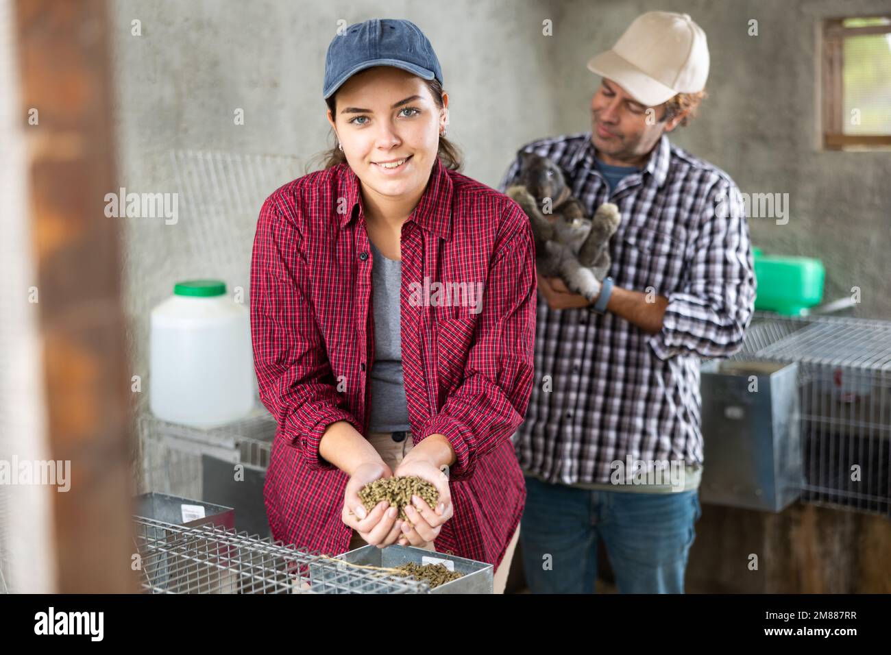 Family business man and woman breed rabbits on farm Stock Photo Alamy