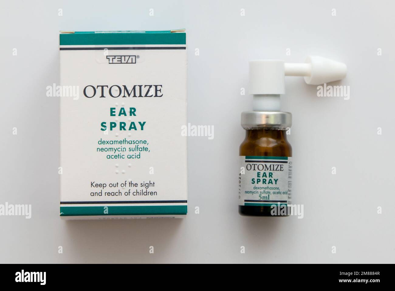 Box and bottle of dexamethasone Otomize ear spray, prescription