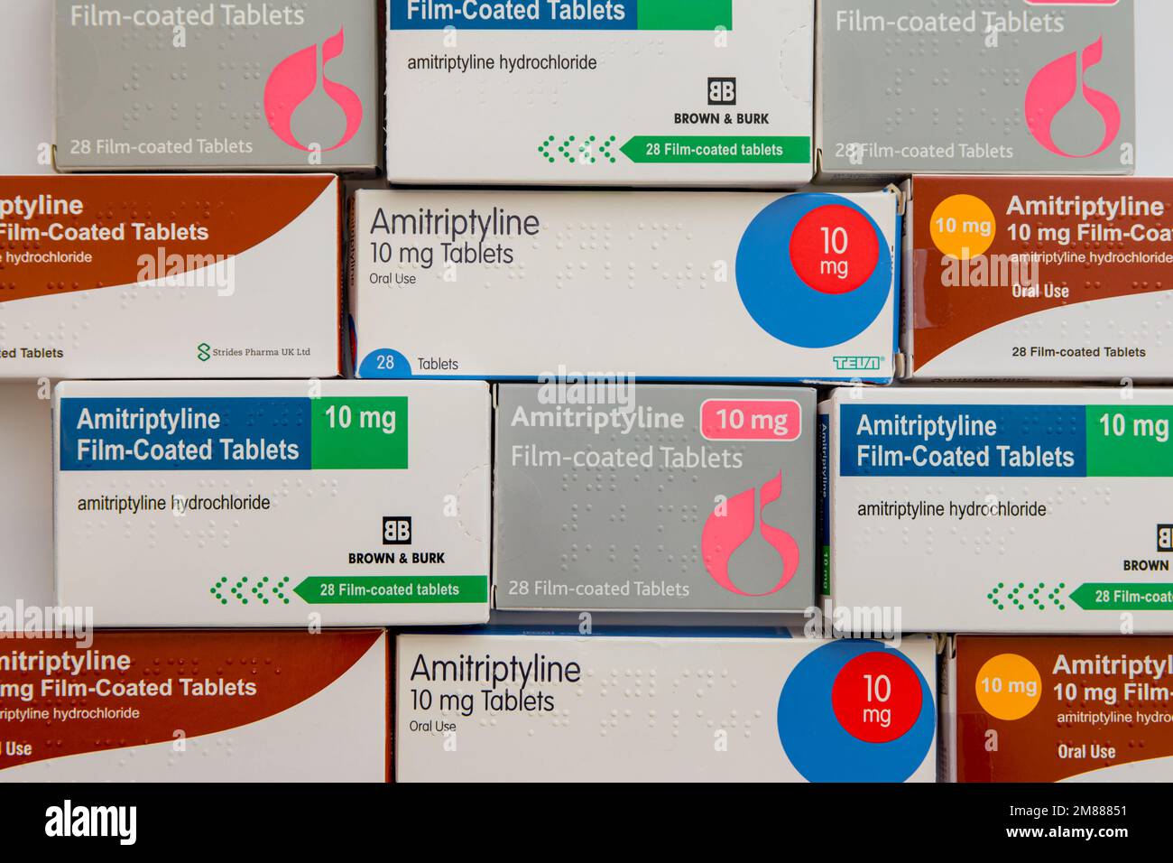 Boxes of various generic brands of 10mg Amitriptyline Hydrochloride tablets in horizontal flat-lay Stock Photo