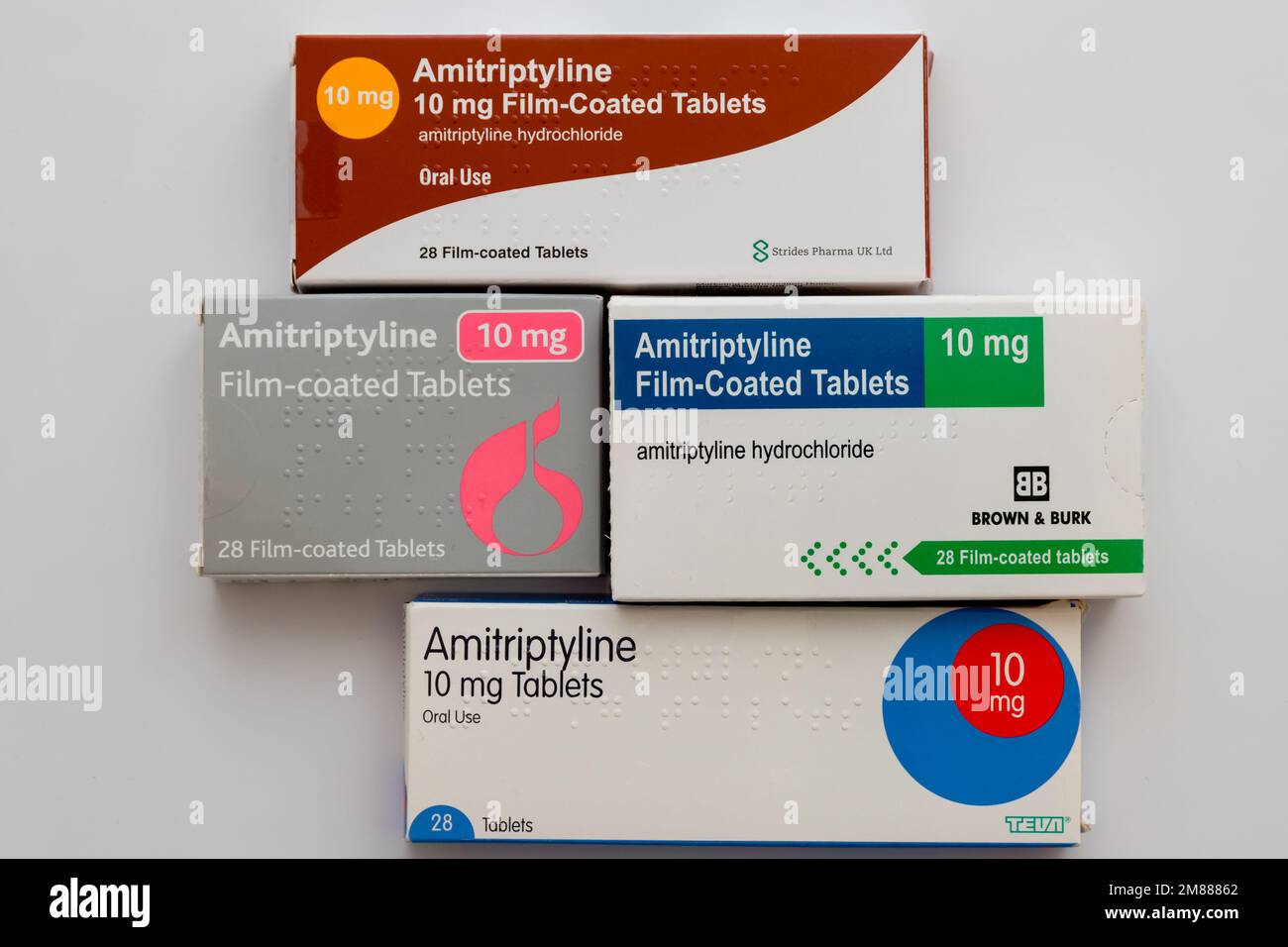 Boxes of various generic brands of 10mg Amitriptyline Hydrochloride tablets on white background Stock Photo