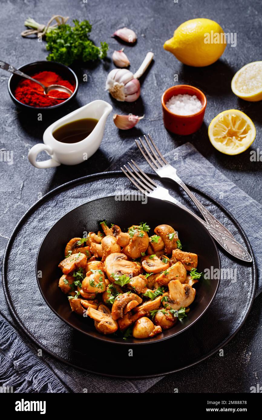 Ajillo Mushrooms, Spanish Garlic Mushrooms fried with sherry, smoked paprika and chopped parsley