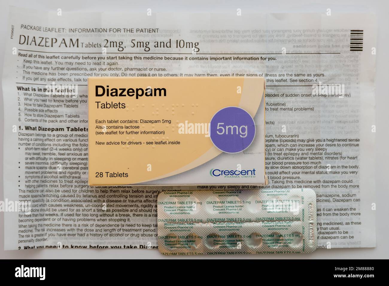 Box, information leaflet and blister pack of generic Crescent 5mg Diazepam tablets Stock Photo