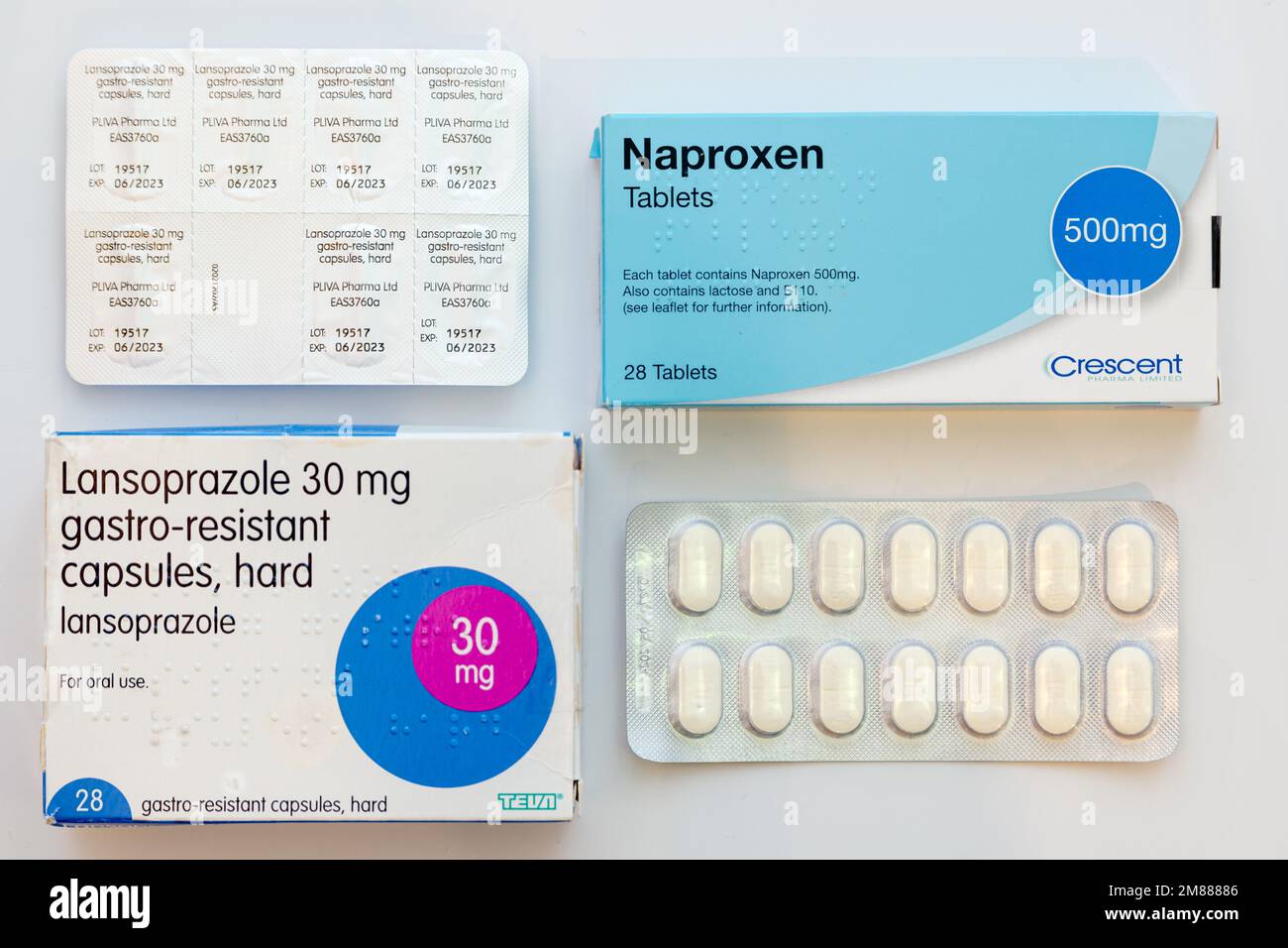Box and blister pack of generic 500mg Naproxen tablets and 30mg Lansoprazole capsules, often prescribed together Stock Photo