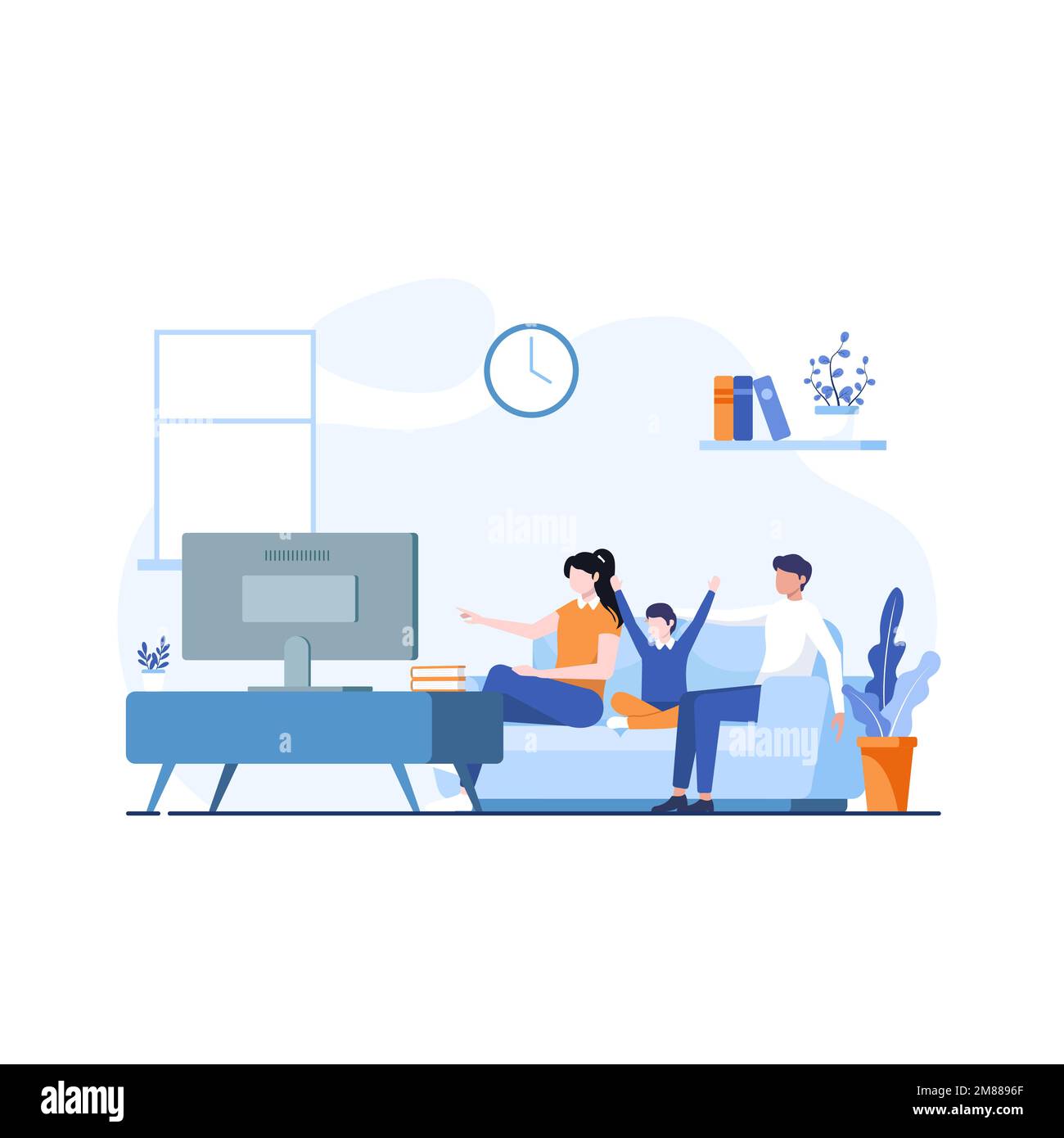 Family Watching tv show. Father Mother and Son watching television and having fun together. Happiness in family concept flat design for web application Stock Vector