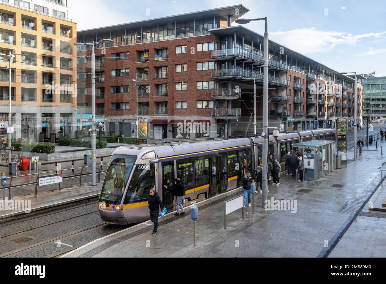 Dublin LUAS tram stopped at Mayor Square station, Dublin, Ireland. Stock Photo