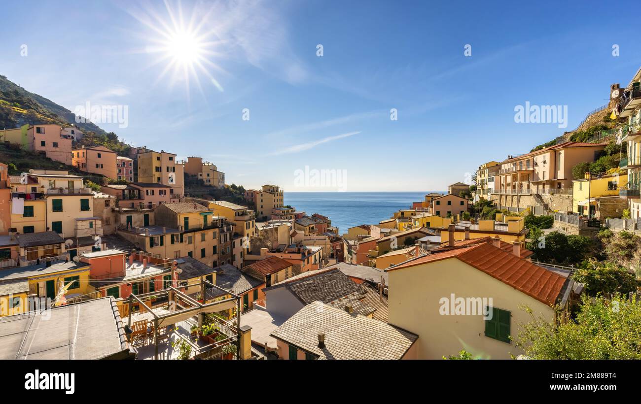 Colorful apartment homes in Riomaggiore, Italy. Cinque Terre Stock Photo