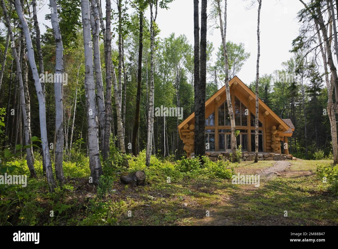 Side view of handcrafted Eastern white pine Scandinavian style log home ...