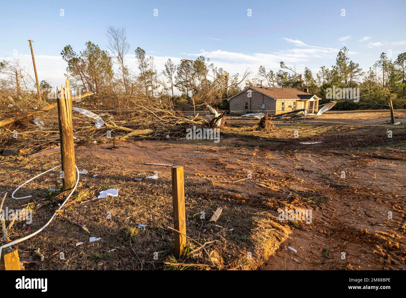 Debris is spread wide on County Road 43 in the aftermath from severe