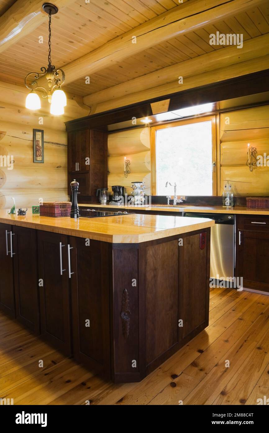 Kitchen island with bird's eye maple wood countertop inside