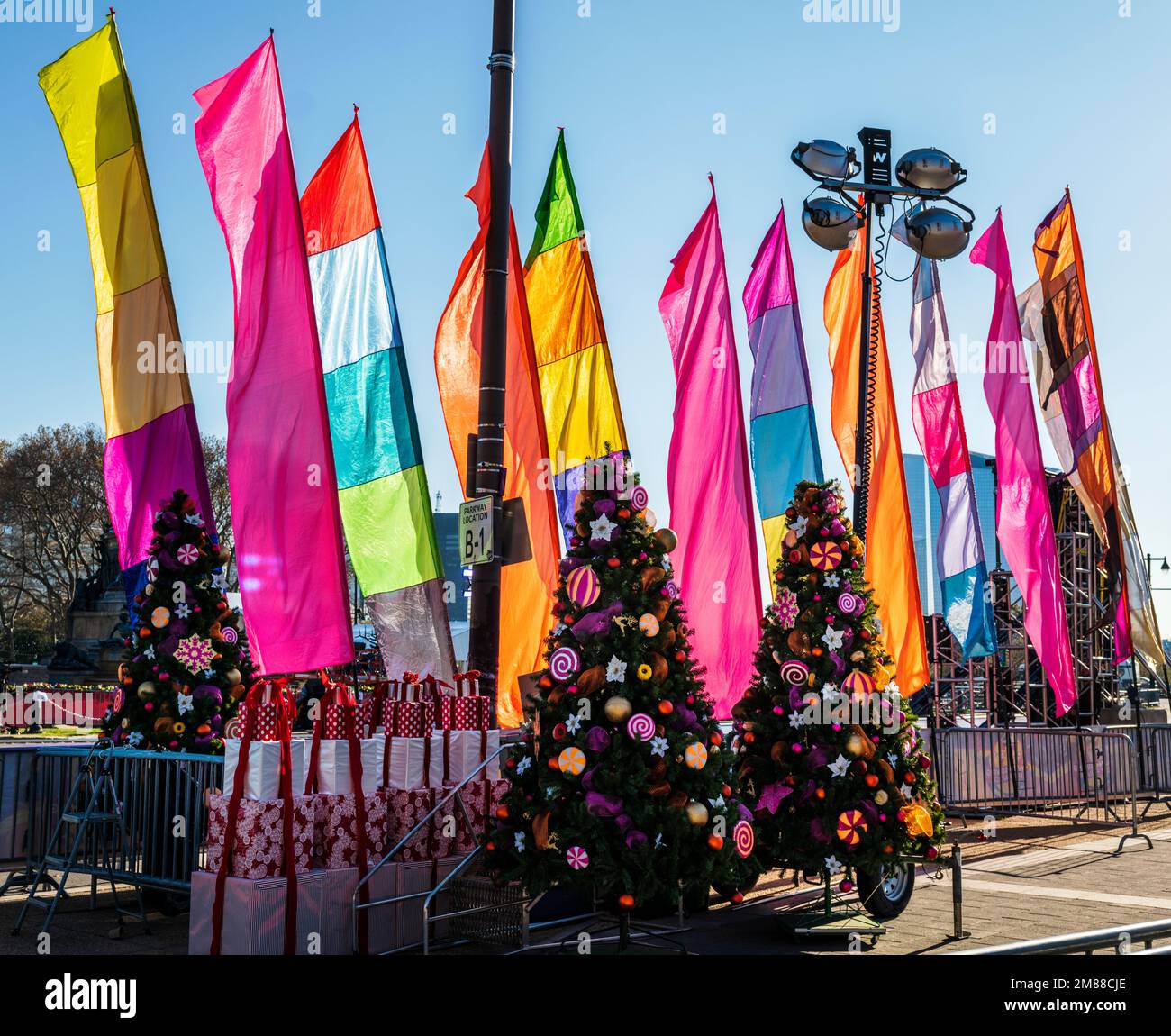 Colorful flags line the Thanksgiving Day Parade route; Philadelphia